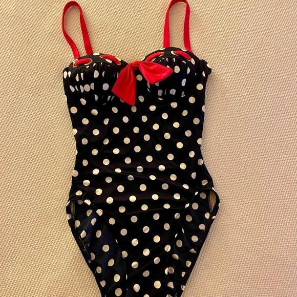 Elegant Dark Blue and White Polka Dot One Piece Swimsuit with Pink Accents - Picture 1 of 5